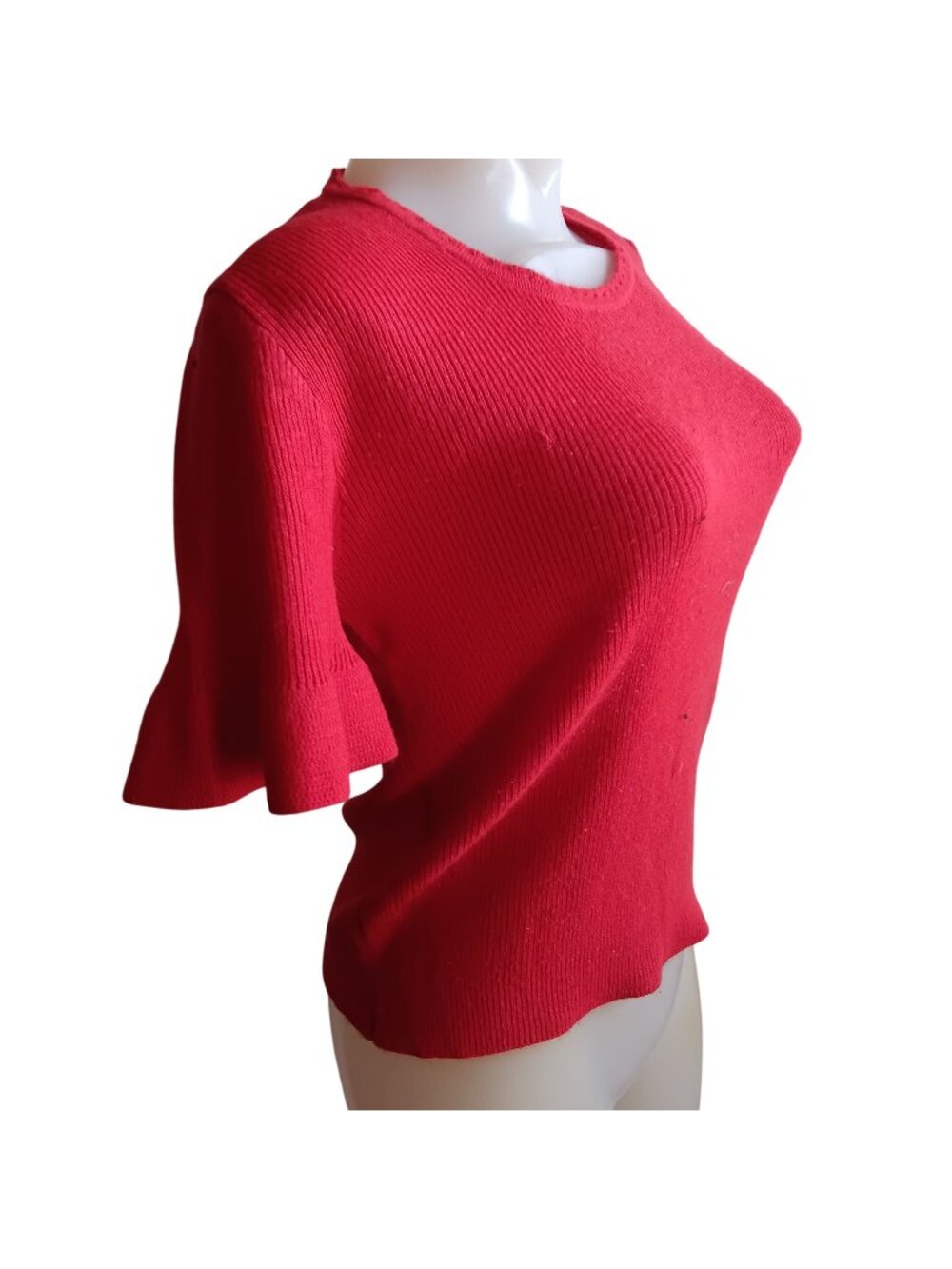 Women's Medium Knit Top Vintage 70s Red Short Sleeve With Ruffle Cuffs Crewneck